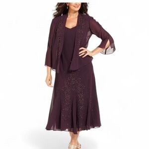 NWT 2pc R&M Richards Sleeveless Beaded V-Neck Dress 16 Eggplant Chiffon Jacket